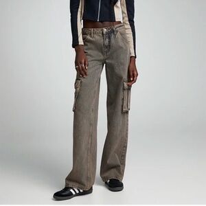 Guess dark wash faded wide leg cargo baggy jean NWT